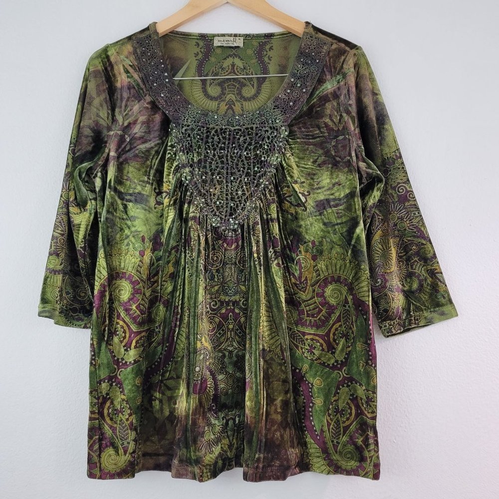 One World Womens Size M 3/4 Sleeve Embellished Beaded Sequin Boho Velour Top - Picture 8 of 14
